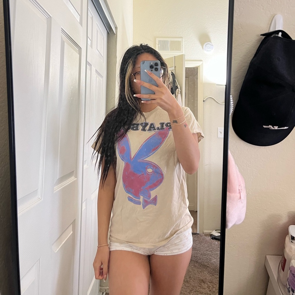 Playboy Cream T-Shirt with Blue and Purple Logo